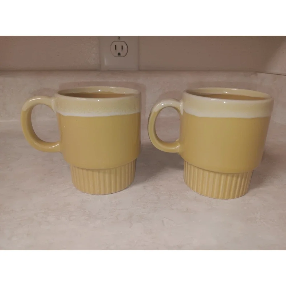 Vtg Tan Drip Glaze Coffee Cups Japan Stackable Ceramic Retro Style Kitchen Decor - Picture 4 of 8